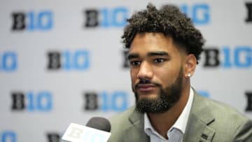 Jul 22, 2025; Las Vegas, NV, USA; Indiana wide receiver Elijah Sarratt speaks to the media during the Big Ten NCAA college football media days at Mandalay Bay Resort. Mandatory Credit: Lucas Peltier-Imagn Images