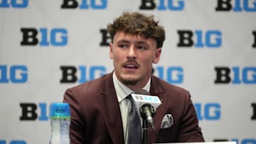 Jul 22, 2025; Las Vegas, NV, USA; Indiana linebacker Aiden Fisher speaks to the media during the Big Ten NCAA college football media days at Mandalay Bay Resort. Mandatory Credit: Lucas Peltier-Imagn Images
