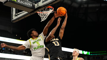 USF guard Brandon Stroud, shown here in last season's AAC Tournament, said being on the court Wednesday for an exhibition game against Edward Waters was a way to honor the Bulls' late coach, Amiir Abdur-Rahim. Credit: Chris Jones-Imagn