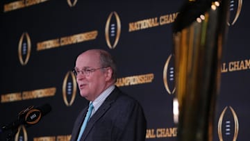 Jan 9, 2024; Houston, TX, USA; College Football Playoff executive director Bill Hancock speaks during the CFP National Championship Host Committee press conference at JW Marriot Houston by the Galleria. Mandatory Credit: Kirby Lee-Imagn Images