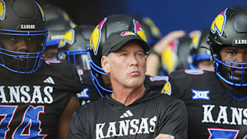 Sep 13, 2024; Kansas City, Kansas, USA; Kansas Jayhawks head coach Lance Leipold gets ready to lead the team onto the field prior to a game against the UNLV Rebels at Children's Mercy Park. Mandatory Credit: Jay Biggerstaff-Imagn Images