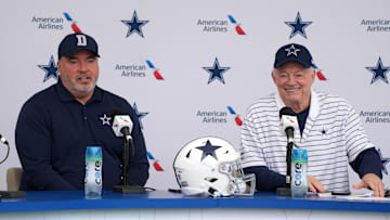 Jul 26, 2022; Oxnard, CA, USA; Dallas Cowboys coach Mike McCarthy (left) and owner Jerry Jones at training camp press conference at the River Ridge Fields.  Mandatory Credit: Kirby Lee-Imagn Images