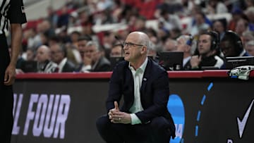 Mar 21, 2025; Raleigh, NC, USA;  Connecticut Huskies head coach Dan Hurley reacts during the second half against the Oklahoma Sooners at Lenovo Center. Mandatory Credit: Bob Donnan-Imagn Images