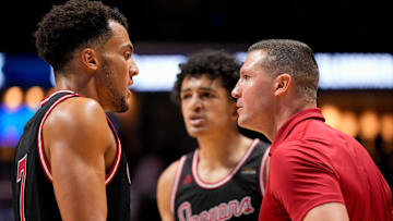 IU Indy Jaguars head coach Paul Corsaro pulls in forward Sean Craig (7) during timeout in the first half of the NCAA Men’s basketball game between the Xavier Musketeers and the IU Indy Jaguars at the Cintas Center at Xavier University in Cincinnati on Friday, Nov. 8, 2024.