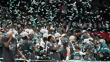 Feb 9, 2025; New Orleans, LA, USA; The Philadelphia Eagles react on stage after defeating the Kansas City Chiefs in Super Bowl LIX at Ceasars Superdome. Mandatory Credit: Kirby Lee-Imagn Images