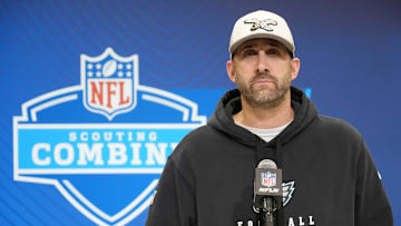 Feb 25, 2025; Indianapolis, IN, USA; Philadelphia Eagles coach Nick Sirianni speaks during the NFL Scouting Combine at the Indiana Convention Center. Mandatory Credit: Kirby Lee-Imagn Images