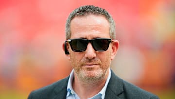Sep 14, 2025; Kansas City, Missouri, USA; Philadelphia Eagles general manager Howie Roseman looks on prior to the game between the Kansas City Chiefs and the Philadelphia Eagles at GEHA Field at Arrowhead Stadium. Mandatory Credit: Jay Biggerstaff-Imagn Images