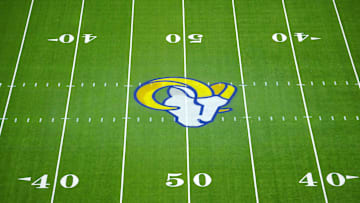 Dec 28, 2024; Inglewood, California, USA; The Los Angeles Rams logo at midfield at SoFi Stadium. 