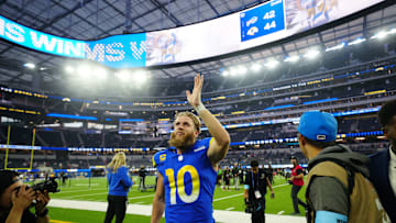 Dec 8, 2024; Inglewood, California, USA; Los Angeles Rams wide receiver Cooper Kupp (10) reacts after the game against the Buffalo Bills at SoFi Stadium. Mandatory Credit: Kirby Lee-Imagn Images