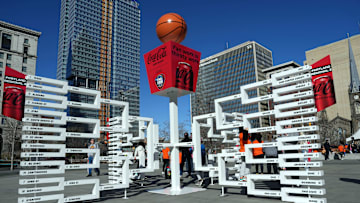 Apr 7, 2024; Cleveland, OH, USA: The 2024 NCAA Tournament Women's March Madness basketball tournament playoff bracket at Public Square.  Mandatory Credit: Kirby Lee-Imagn Images