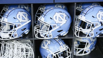 Sep 2, 2023; Charlotte, North Carolina, USA; North Carolina Tar Heels helmets during the first quarter against the South Carolina Gamecocks at Bank of America Stadium. Mandatory Credit: Jim Dedmon-Imagn Images
