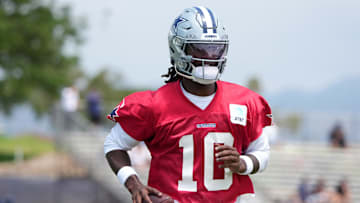 Jul 22, 2025; Oxnard, CA, USA; Dallas Cowboys quarterback Joe Milton III (10) carries the ball during training camp at the River Ridge Fields. Mandatory Credit: Kirby Lee-Imagn Images
