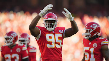 Nov 23, 2025; Kansas City, Missouri, USA; Kansas City Chiefs defensive tackle Chris Jones (95) reacts in the second half against the Indianapolis Colts at GEHA Field at Arrowhead Stadium. Mandatory Credit: Jay Biggerstaff-Imagn Images