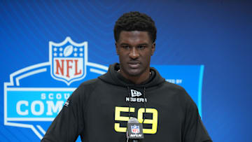 Feb 26, 2025; Indianapolis, IN, USA; Tennessee defensive lineman James Pearce (DL59) during the 2025 NFL Scouting Combine at the Indiana Convention Center. Mandatory Credit: Kirby Lee-Imagn Images