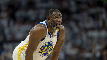 May 8, 2025; Minneapolis, Minnesota, USA; Golden State Warriors forward Draymond Green (23) looks on against the Minnesota Timberwolves in the second half during game two of the second round for the 2025 NBA Playoffs at Target Center. Mandatory Credit: Jesse Johnson-Imagn Images