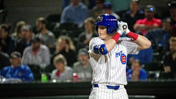 The Iowa Cubs Owen Caissie bats during a game at Principal Park in Des Moines on March 28, 2025.