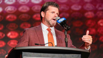 Jul 26, 2023; Charlotte, NC, USA;  Virginia Tech head coach Brent Pry answers questions from the media during the ACC 2023 Kickoff at The Westin Charlotte. Mandatory Credit: Jim Dedmon-USA TODAY Sports