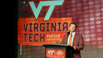 Jul 26, 2023; Charlotte, NC, USA;  Virginia Tech head coach Brent Pry answers questions from the media during the ACC 2023 Kickoff at The Westin Charlotte. Mandatory Credit: Jim Dedmon-USA TODAY Sports