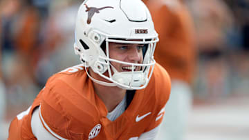 Sep 20, 2025; Austin, Texas, USA; Texas Longhorns quarterback Arch Manning (16) warms up before a game against Austin FC at Darrell K Royal-Texas Memorial Stadium. Mandatory Credit: Scott Wachter-Imagn Images