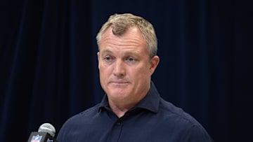 Feb 27, 2025; Indianapolis, IN, USA; San Francisco 49ers general manager John Lynch speaks during the 2025 NFL Scouting Combine at the Indiana Convention Center. Mandatory Credit: Kirby Lee-Imagn Images