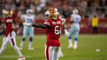 Oct 27, 2024; Santa Clara, California, USA; San Francisco 49ers safety Malik Mustapha (6) celebrates after Dallas Cowboys quarterback Dak Prescott (not pictured) pass is incomplete during the third quarter at Levi's Stadium. Mandatory Credit: Neville E. Guard-Imagn Images