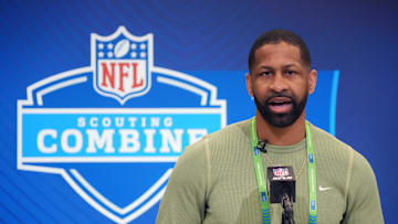 Feb 25, 2025; Indianapolis, IN, USA; Cleveland Browns general manager Andrew Berry speaks during the NFL Scouting Combine at the Indiana Convention Center. Mandatory Credit: Kirby Lee-Imagn Images