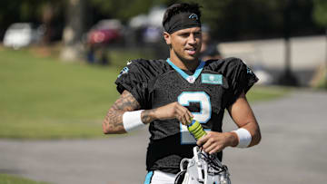 Jul 31, 2023; Spartanburg, SC, USA; Carolina Panthers quarterback Matt Corral (2) walks to the practice fields during training camp at Wofford College. Mandatory Credit: Jim Dedmon-USA TODAY Sports