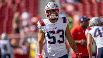 Sep 29, 2024; Santa Clara, California, USA; New England Patriots linebacker Christian Elliss (53) during warmups before the start of the game against the San Francisco 49ers at Levi's Stadium.