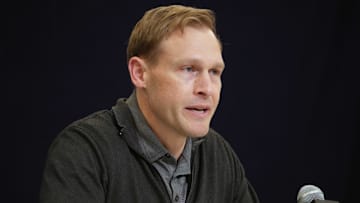 Feb 25, 2025; Indianapolis, IN, USA; Chicago Bears coach Ben Johnson speaks during the NFL Scouting Combine at the Indiana Convention Center. Mandatory Credit: Kirby Lee-Imagn Images
