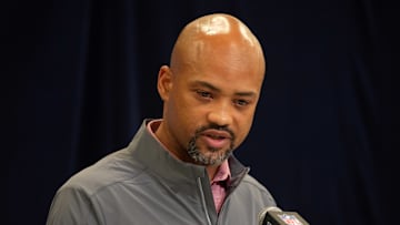 Feb 25, 2025; Indianapolis, IN, USA; Atlanta Falcons general manager Terry Fontenot speaks during the NFL Scouting Combine at the Indiana Convention Center. Mandatory Credit: Kirby Lee-Imagn Images