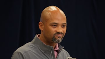 Feb 25, 2025; Indianapolis, IN, USA; Atlanta Falcons general manager Terry Fontenot speaks during the NFL Scouting Combine at the Indiana Convention Center. Mandatory Credit: Kirby Lee-Imagn Images
