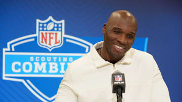Feb 25, 2025; Indianapolis, IN, USA; Houston Texans coach DeMeco Ryans speaks during the NFL Scouting Combine at the Indiana Convention Center. Mandatory Credit: Kirby Lee-Imagn Images