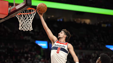 Dec 21, 2023; Portland, Oregon, USA; Washington Wizards small forward Deni Avdija (8) shoots the ball during the first half against the Portland Trail Blazers at Moda Center. Mandatory Credit: Soobum Im-Imagn Images