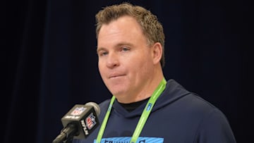 Feb 25, 2025; Indianapolis, IN, USA; Tennessee Titans general manager Mike Borgonzi speaks during the NFL Scouting Combine at the Indiana Convention Center. Mandatory Credit: Kirby Lee-Imagn Images