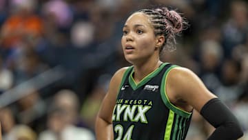 Sep 14, 2025; Minneapolis, Minnesota, USA; Minnesota Lynx forward Napheesa Collier (24) looks on against the Golden State Valkyries in the second half during game one of round one for the 2025 WNBA Playoffs at Target Center. Mandatory Credit: Jesse Johnson-Imagn Images