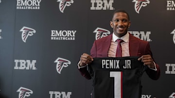 Apr 26, 2024; Flowery Branch, GA, USA; Atlanta Falcons first round draft pick quarterback Michael
