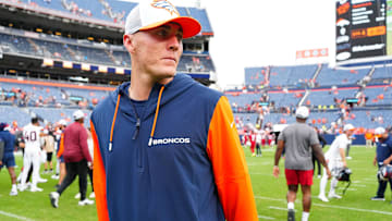 Aug 25, 2024; Denver, Colorado, USA; Denver Broncos quarterback Bo Nix (10) following the preseason win over the Arizona Cardinals at Empower Field at Mile High. Mandatory Credit: Ron Chenoy-USA TODAY Sports