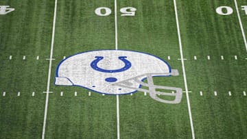 Mar 3, 2023; Indianapolis, IN, USA; The Indianapolis Colts helmet logo at midfield at Lucas Oil