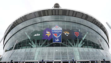 Oct 6, 2024; London, United Kingdom; A general overall view of the 2024 NFL London Games, New York Jets, Minnesota Vikings, Jacksonville Jaguars and Chicago Bears logos at Tottenham Hotspur Stadium. Mandatory Credit: Kirby Lee-Imagn Images