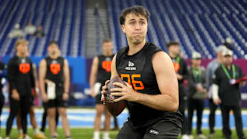 Mar 1, 2025; Indianapolis, IN, USA; Memphis quarterback Seth Henigan (QB06) during the 2025 NFL Combine at Lucas Oil Stadium. Mandatory Credit: Kirby Lee-Imagn Images