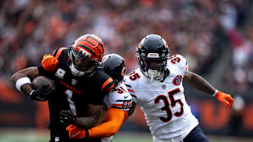 Chicago Bears defensive back Kevin Byard III (31) tackles Cincinnati Bengals wide receiver Ja'Marr Chase (1) in the second quarter of the NFL football game between Chicago Bears and Cincinnati Bengals at Paycor Stadium in Cincinnati on Nov. 2, 2025.