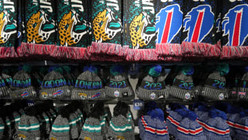 Oct 7, 2023; London, United Kingdom; Jacksonville Jaguars and Buffalo Bills beanies and scarves at