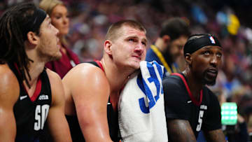 May 19, 2024; Denver, Colorado, USA; Denver Nuggets on the bench in the third quarter 