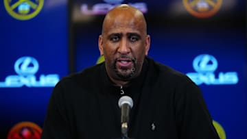 Feb 6, 2025; Denver, Colorado, USA; Denver Nuggets general manager Calvin Booth speaks to the media before a game against the Orlando Magic at Ball Arena. Mandatory Credit: Ron Chenoy-Imagn Images