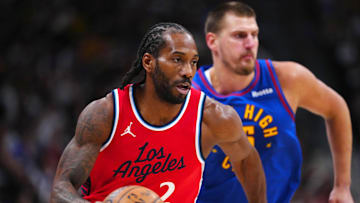 May 3, 2025; Denver, Colorado, USA; LA Clippers forward Kawhi Leonard (2) controls the ball in the first quarter against the Denver Nuggets during game seven of first round for the 2025 NBA Playoffs at Ball Arena. Mandatory Credit: Ron Chenoy-Imagn Images