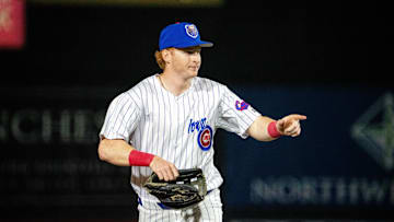 Chicago Cubs prospect Owen Caissie (17) makes his way to the dugout.
