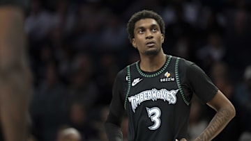 Oct 29, 2025; Minneapolis, Minnesota, USA; Minnesota Timberwolves forward Jaden McDaniels (3) looks on against the Los Angeles Lakers in the second half at Target Center. Mandatory Credit: Jesse Johnson-Imagn Images