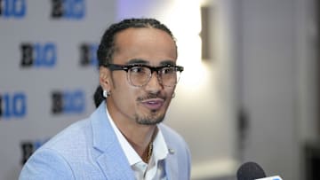 Jul 24, 2025; Las Vegas, NV, USA; UCLA quarterback Nico Iamaleava speaks to the media during the Big Ten NCAA college football media days at Mandalay Bay Resort. Mandatory Credit: Lucas Peltier-Imagn Images