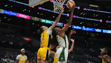 Sep 11, 2024; Los Angeles, California, USA; Seattle Storm forward Nneka Ogwumike (3) shoots the ball against LA Sparks forward Dearica Hamby (5) in the second half at Crypto.com Arena. Mandatory Credit: Kirby Lee-Imagn Images