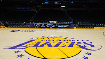 Jan 17, 2024; Los Angeles, California, USA; The Los Angeles Lakers logo at center court at the Crypto.com Arena. Mandatory Credit: Kirby Lee-Imagn Images